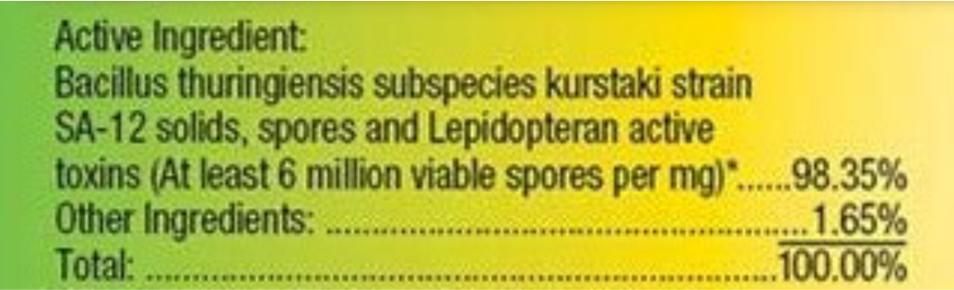Product label listing Bacillus thuringiensis kurstaki as the active ingredient and percentage composition. 